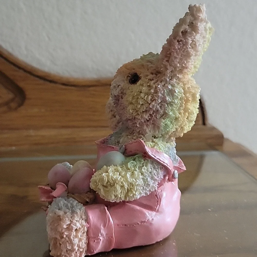Hand Painted Bunny Figurine Pink Overalls Basket Pastel Eggs Approx 5.5" - Picture 8 of 11